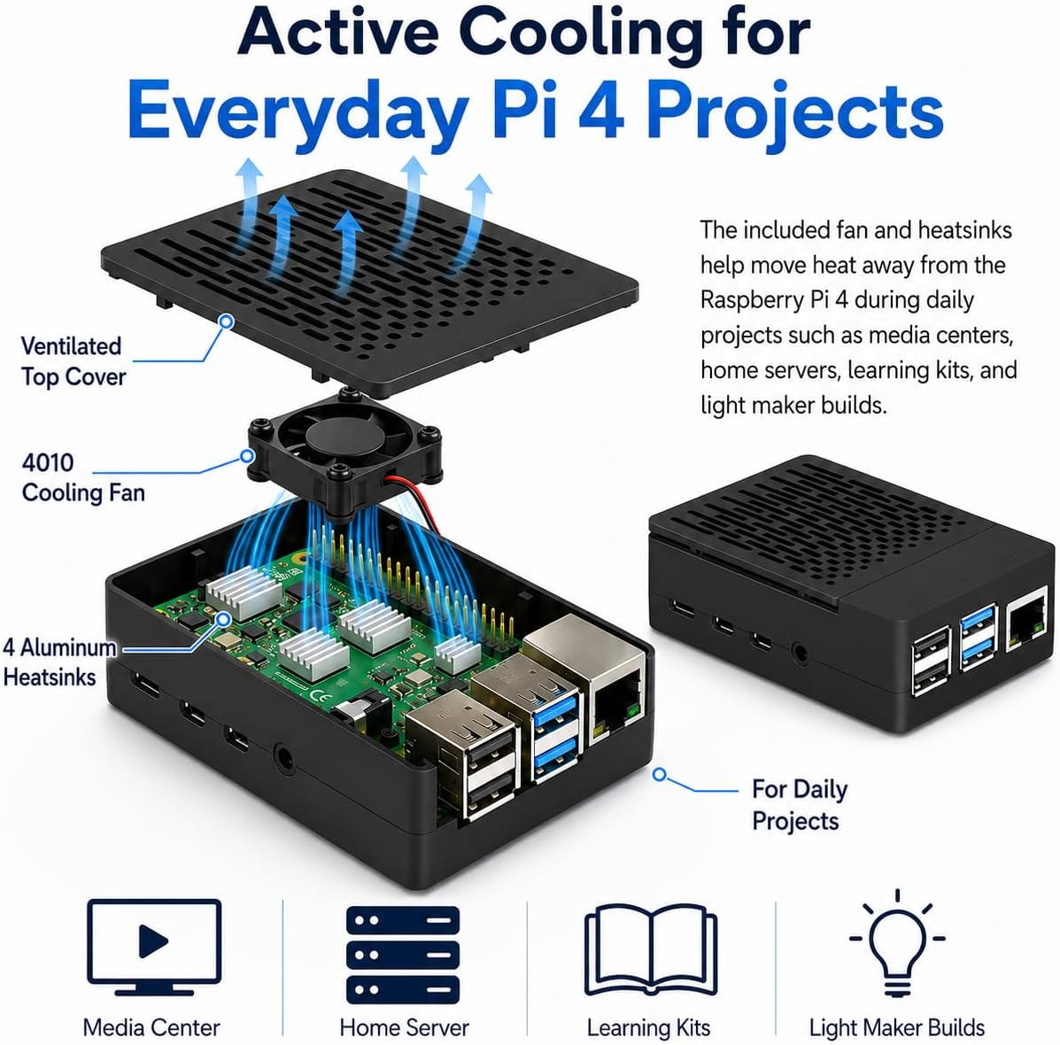 Raspberry Pi 4 Fan ABS Case with Cooling Fan, Heatsink, Simple Removable Top Cover for Pi 4 Model B/ 4B